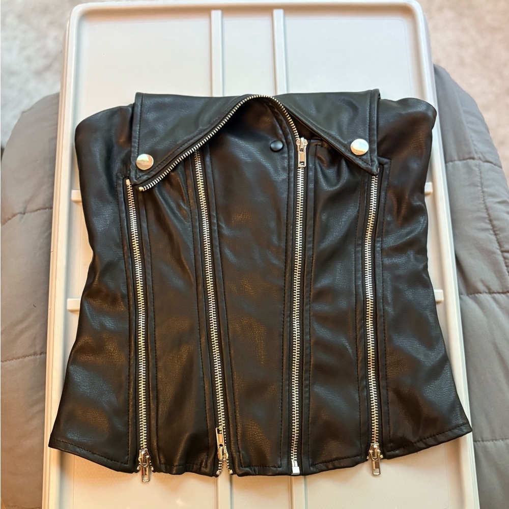Super Down X Bridget Dani Black Faux Leather Zip-Front Women's Corset